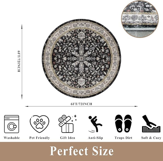 6ft Round Kitchen Rug Washable - Non-Slip Soft Low Pile Circle Area Rug for Under Table Living Room Dining Room Bedroom – Boho Floral Circular Floor Indoor Carpe (Black,6x6)