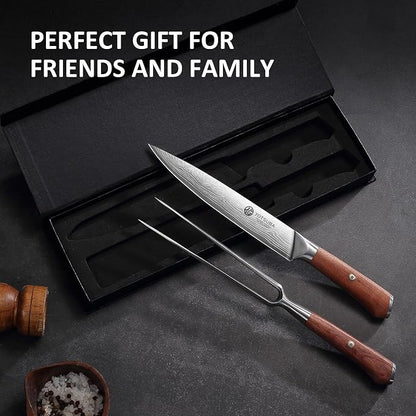 YOTSUBA Japanese Carving Knife and Fork Set, Razor-Sharp German Stainless Steel, Full Tang Ergonomic Rosewood Handle, Slicing Knife for Meats, BBQ & Brisket, Premium Gift