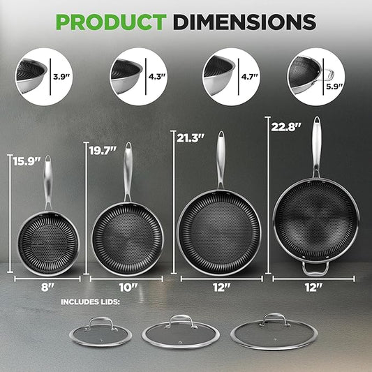 NutriChef 7-Piece Cookware Set Stainless Steel - Triply Kitchenware Pans Set Kitchen Cookware w/DAKIN Etching Non-Stick Coating - Small, Medium, & Large Stir Fry Pan with Lid, Wok - NC3PLY7S