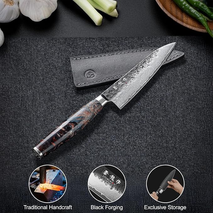 5.5'' Japanese Utility Knife with VG10 Core, Handcrafted 67-Layer Damascus Chef Knife with Ergonomic Handle, Full Tang Multi-Purpose Petty Knives with Luxury Gift Box, Cooking Gifts for Men