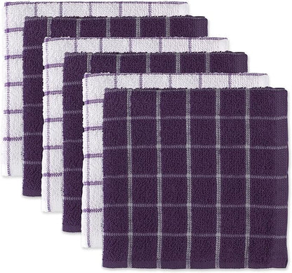DII Basic Terry Collection Windowpane Dishcloth Set, 12x12, Eggplant, 6 Piece
