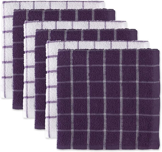 DII Basic Terry Collection Windowpane Dishcloth Set, 12x12, Eggplant, 6 Piece