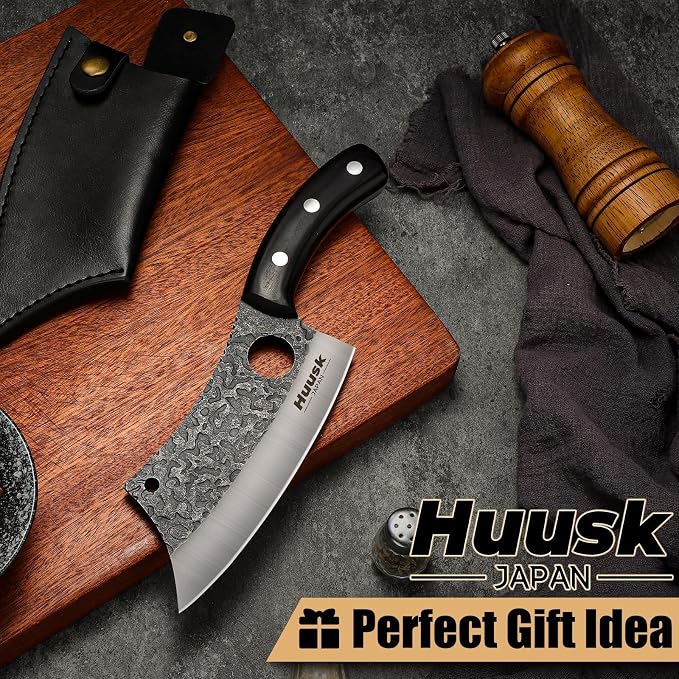 Huusk Knives Japan, Hand Forged Meat Cleaver Knife with Sheath, High Carbon Steel Kitchen Knife for Meat and Vegetables, Full Tang Butcher Knife for Camping, BBQ, Christmas Gift for Men and Women