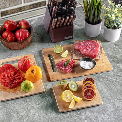 Bamboo Cutting Boards for Kitchen - Set of 3 Wood Cutting Boards with Handle, Large Medium Small Chopping Boards for Meat Vegetables Fruit Cheese Bread, Knife Friendly Serving Tray, Natural by Bambüsi