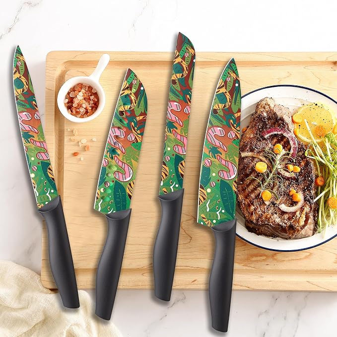 Marco Almond Knife Set Artistic Designed Pattern Kitchen Knife 6 Stainless Steel Kitchen Knives w 6 Blade Guards, Dishwasher Safe Knives for Family Kitchen Knives Set for Chefs
