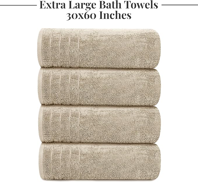 Tens Towels Pack of 4 Extra Large Bath Towels 30 x 60 Inches, 100% Cotton, Larger & Lighter Weight, Quicker to Dry, Super Soft and Absorbent, Perfect for Bathroom, Beige