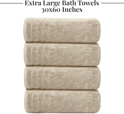 Tens Towels Pack of 4 Extra Large Bath Towels 30 x 60 Inches, 100% Cotton, Larger & Lighter Weight, Quicker to Dry, Super Soft and Absorbent, Perfect for Bathroom, Beige