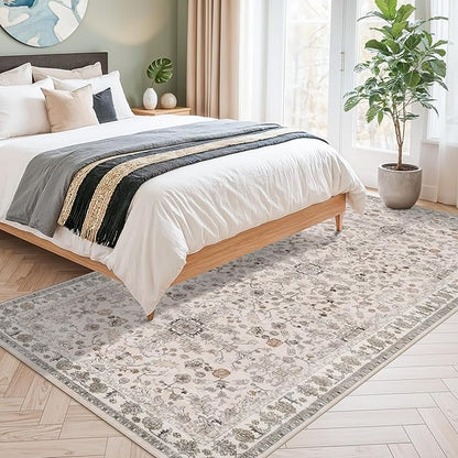 4x8 Rug Washable for Entryway Kitchen – Non-Slip Rubber Backed Area Rug for Hallway Bedroom Living Room Office,Boho Floral Low Pile Thin Floor Indoor Mat (Beige,4x8)