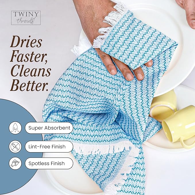 TWINY threads Dish Towel Chevron Design Assorted Colors, Premium Large 100% Cotton Kitchen Linen Set, Quick Drying Absorbent Wash Rags, Reusable Washable for Daily Cleaning, 12 Pack, 16 x26 Inch