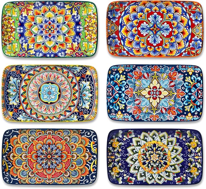 vancasso Simi 6-Piece Rectangular Ceramic Plates Set, 8.5" x 5.1" Small Dessert & Sushi Plates, Bohemian Appetizer Serving Plates, Microwave & Oven Safe Porcelain Plates