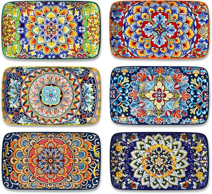 vancasso Simi 6-Piece Rectangular Ceramic Plates Set, 8.5" x 5.1" Small Dessert & Sushi Plates, Bohemian Appetizer Serving Plates, Microwave & Oven Safe Porcelain Plates