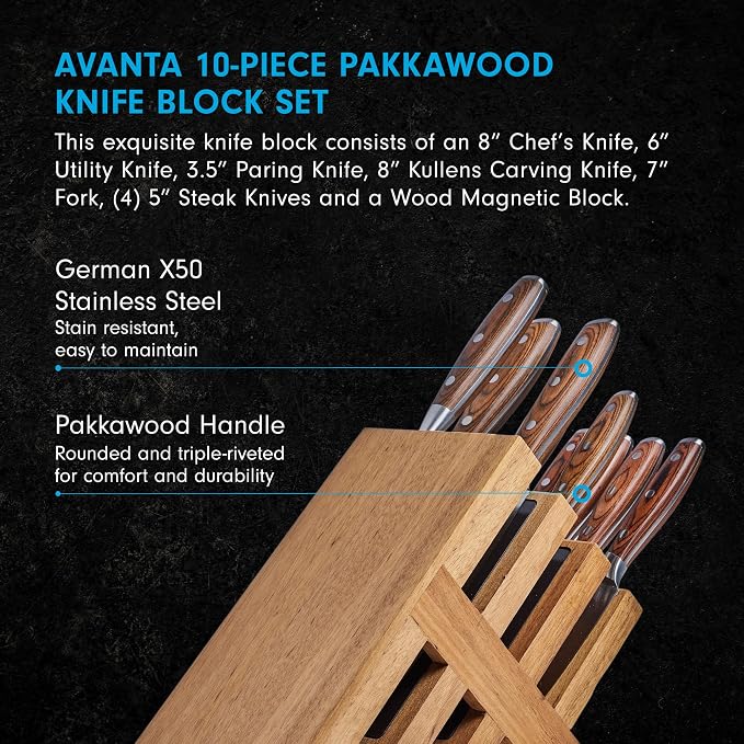 Messermeister Avanta Forged 10-Piece Pakkawood Knife Block Set - Oprah's Favorite Things - German X50 Stainless Steel - 4 Speciality Knives, Heavy-Weight Fork, 4 Steak Knives & Magnetic Knife Block
