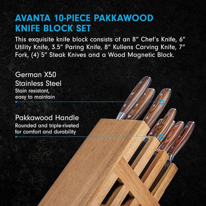 Messermeister Avanta Forged 10-Piece Pakkawood Knife Block Set - Oprah's Favorite Things - German X50 Stainless Steel - 4 Speciality Knives, Heavy-Weight Fork, 4 Steak Knives & Magnetic Knife Block