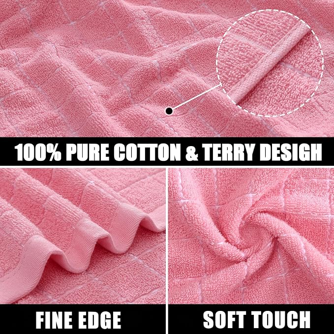 Mordimy 100% Cotton Terry Cloth Kitchen Towels, Super Soft and Absorbent Dish Towels for Drying, Checkered Designed Hand Towels for Kitchen, 16 x 26 Inches, 4 Pack, Pink