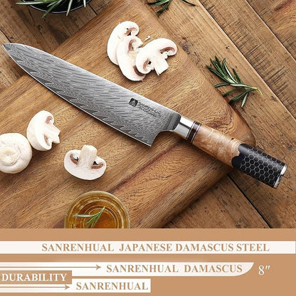 8 inch Japanese Damascus Chef Knife, Damascus Chefs Knife Kitchen Knives for All-Around Food Preparation, Japanese Super Steel Sharp Chef's Knives, Professional Resin Handle Chef Knife