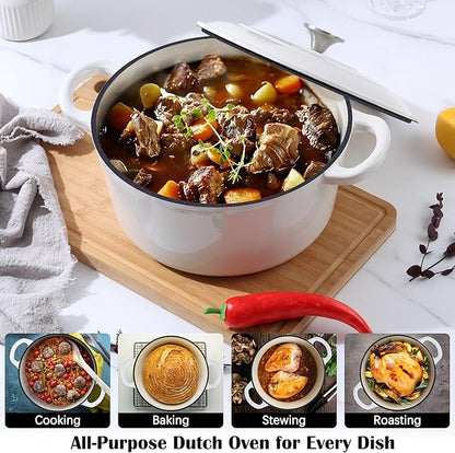 E-far Enameled Dutch Oven Pot for Bread Baking, 6QT Enameled Cast Iron Cookware with Self-Basting Lid & Sourdough Bread Baking Supplies, Heavy Duty Casserole Pot & Dual Handles-White