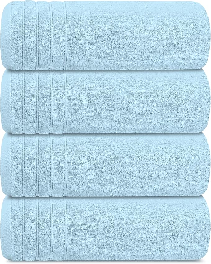Tens Towels Pack of 4 Extra Large Bath Towels 30 x 60 Inches, 100% Cotton, Larger & Lighter Weight, Quicker to Dry, Super Soft and Absorbent, Perfect for Bathroom, Sky Blue
