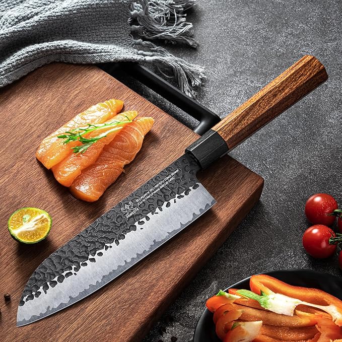 FAMCÜTE Santoku Knife 7 inch, Hand Forged 5 Layers 9CR18MOV High Carbon Steel Professional Kitchen Knife, Ultra Sharp Rosewood Handle Japanese Chopping Knife As a Thoughtful Birthday Gift for Dad/Mom