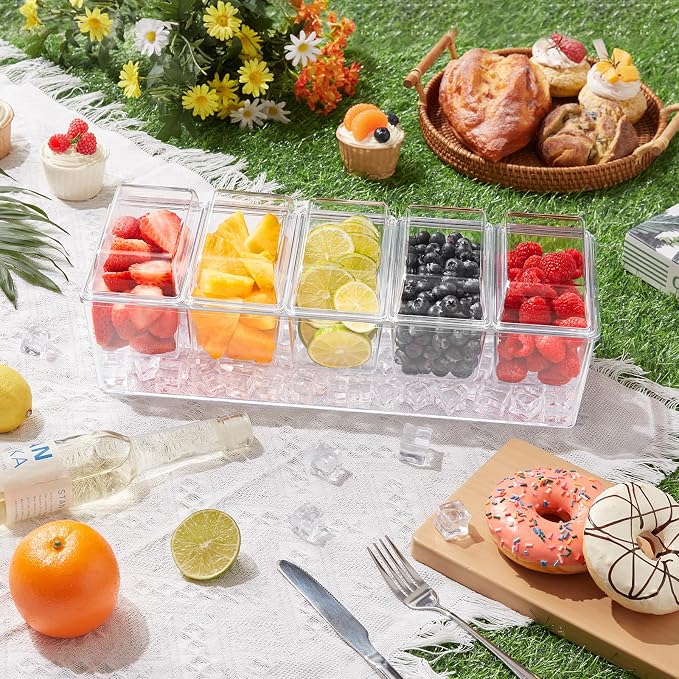 Lifewit Ice Chilled Condiment Caddy with 5x 20 oz Containers, Condiment Server with Lid & Metal Accessories, Serving Tray Platter with Removable Dishes for Bar, Fruit, Salad, Taco, Party Garnish