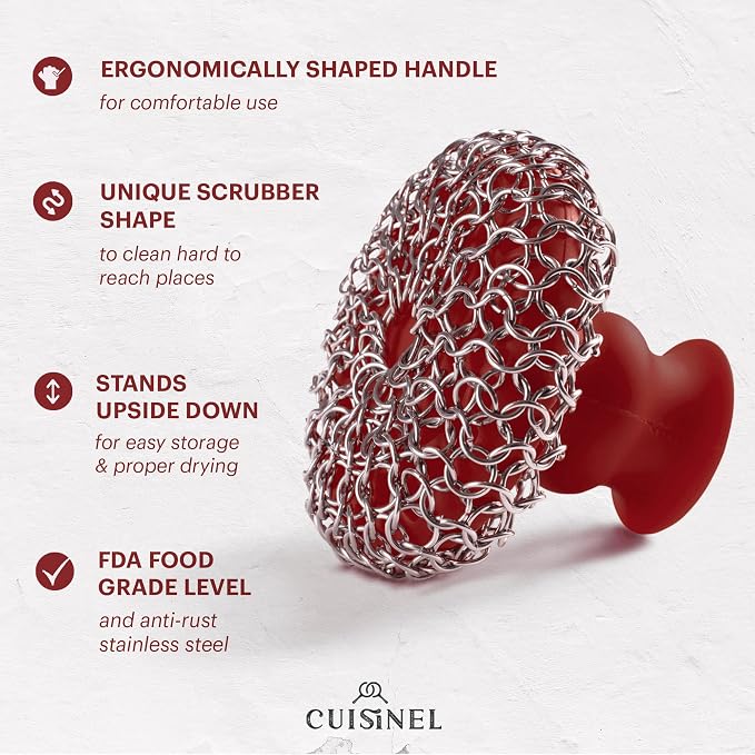 Cuisinel CAST IRON CHAINMAIL SCRUBBER AND PAN SCRAPER - DELUXE ERGONOMIC STAINLESS