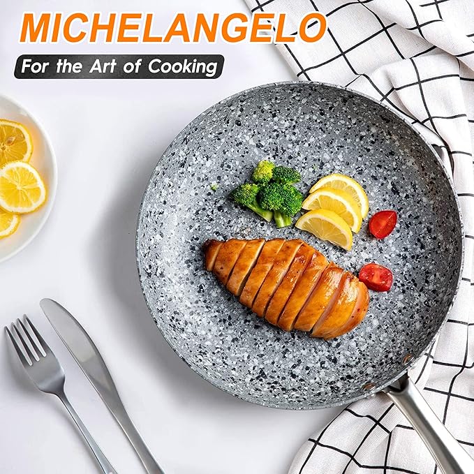 MICHELANGELO Granite Frying Pan with Lid, Nonstick 12 Inch Frying Pan with Non toxic Granite Coating, Induction Compatible