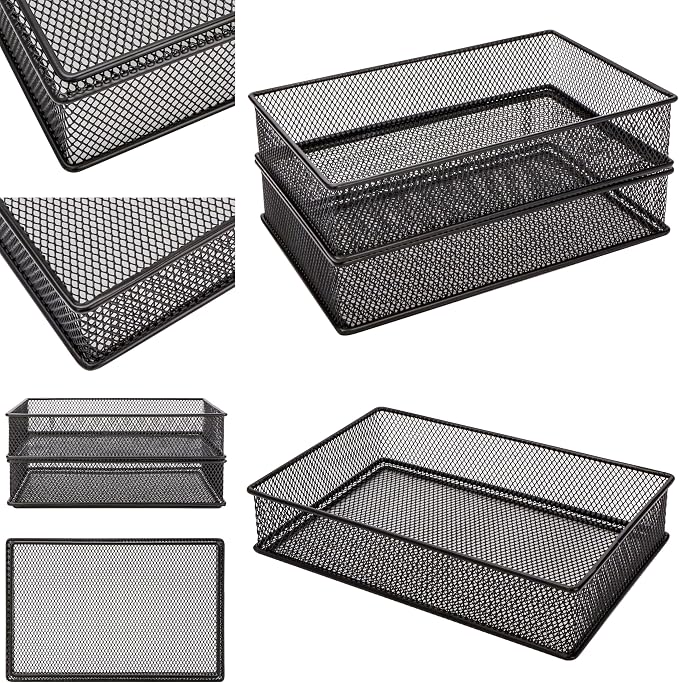Annova Mesh Stackable Drawer Cabinet and Shelf Organizer Bins Storage Basket School Office Supply Holder Tray- Set of 2 (Black, 6x9x2 Inch)