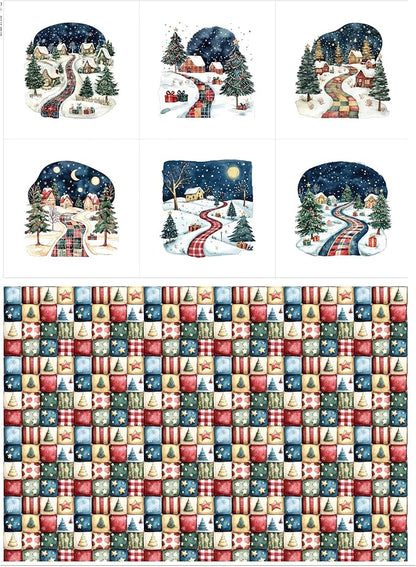 Winter Village Patchwork Cotton Fabric Panel – 6 Designs 10×10 inch + Bonus Patchwork Sheet 29.5×19.6 inch, 100% Cotton 140 GSM (USA Size)