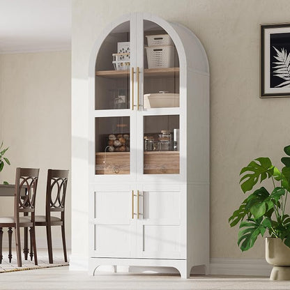 VilroCaz 71" Tall Arched Kitchen Pantry with Glass Doors and a Large Drawer, Farmhouse Kitchen Storage Cabinet with Open & Adjustable Shelves, Cupboard for Dining Room (White-6.4)