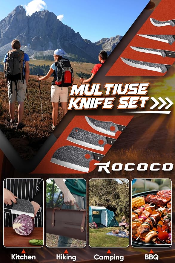 ROCOCO 13PCS Butcher Cleaver Knife Set for Meat Cutting Serbian Chef Viking Boning Knife with Roll Bag for Kitchen Outdoor BBQ Camping Birthday Christmas Father Mother Gift Idea Men