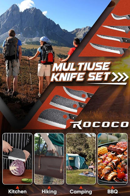 ROCOCO 13PCS Butcher Cleaver Knife Set for Meat Cutting Serbian Chef Viking Boning Knife with Roll Bag for Kitchen Outdoor BBQ Camping Birthday Christmas Father Mother Gift Idea Men