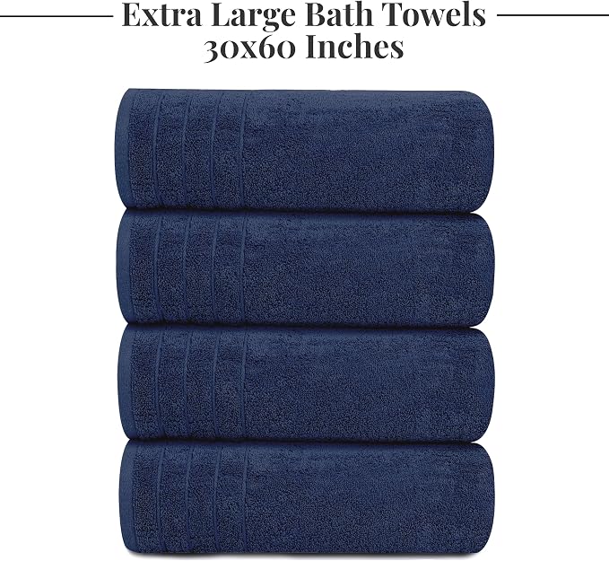 Tens Towels Pack of 4 Extra Large Bath Towels 30 x 60 Inches, 100% Cotton, Larger & Lighter Weight, Quicker to Dry, Super Soft and Absorbent, Perfect for Bathroom, Navy