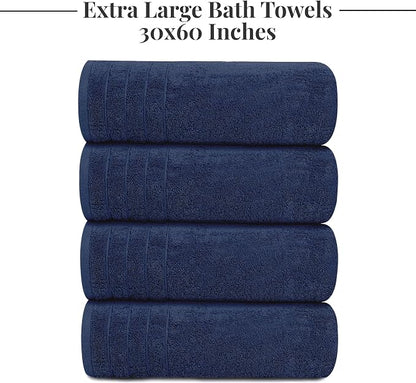 Tens Towels Pack of 4 Extra Large Bath Towels 30 x 60 Inches, 100% Cotton, Larger & Lighter Weight, Quicker to Dry, Super Soft and Absorbent, Perfect for Bathroom, Navy