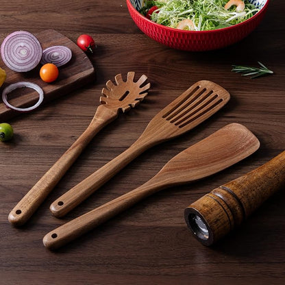 Wooden Kitchen Spatula for Cooking - 3 Pcs Set, Natural Acacia Wood Pasta Spoon with Teeth Spaghetti Fork for Serving Pasta, Non-Stick Cooking Spurtle Utensils for Kitchen Use