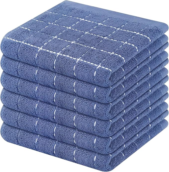 Mordimy 100% Cotton Terry Dish Cloths, Soft and Absorbent Checkered Dish Towels, Quick Drying Dish Rags for Washing Dishes, 6 Pack, 12 x 12 Inches, Navy Blue