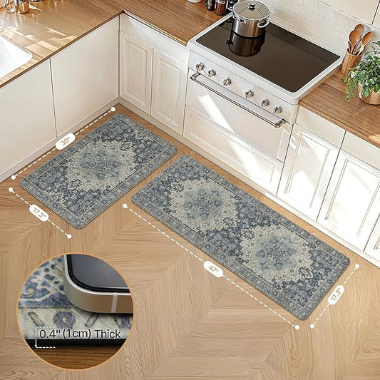GENIMO Kitchen Mats for Floor 2PCs, Washable Anti Fatigue Mat for Cushioned, 17.3"x47"+17.3"x30", Waterproof Kitchen Rugs, Non Slip Comfort Standing Mat Rug for Home, Sink, Laundry, Center Blue