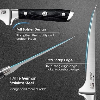 SHAN ZU Fillet Knife 7 Inch- Edge Deboning Fish and Meat Boning Knife, Professional Super Sharp Fish Knives Made of German Stainless Steel Boning Knives with Full Tang Handle