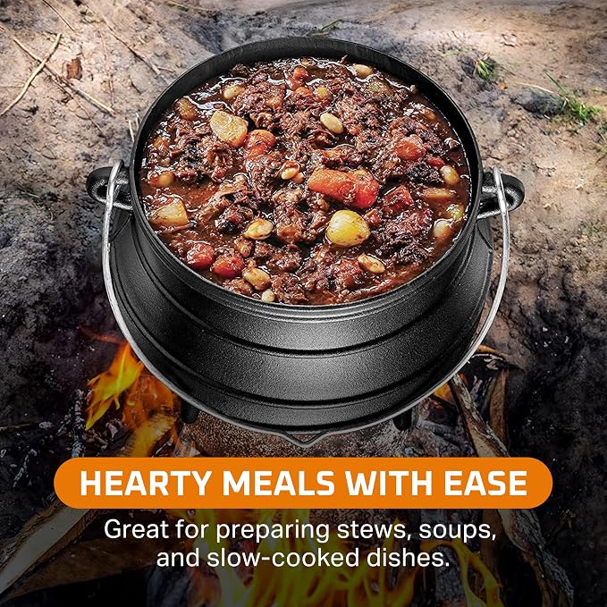Bruntmor 8-Quart Pre-Seasoned Cast Iron Cauldron - African Potjie Pot with Lid - 3-Legged Pot for Even Heat Distribution - Outdoor Cast Iron Dutch Oven Cookware for Campfire Cooking and Boiling