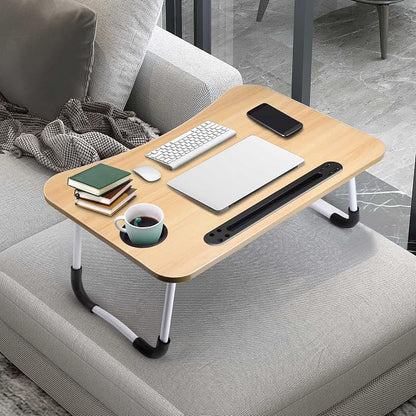 Slendor Lap Desk with Cup Holder, Foldable Laptop Table for Bed, Portable Bed Desk for Laptop and Writing, Computer Tray with Tablet Slot, Notebook Stand Reading Holder for Couch Sofa Floor,Walnut