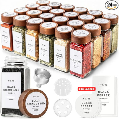 EDELHAUS® Square Spice Jars with Acacia Wooden Lid (Pack of 24) Spice Jars with Shaker Insert and 240 Labels - Acacia Lids Glass Container for Spice Organisation [4.3 in × 1.8 in]