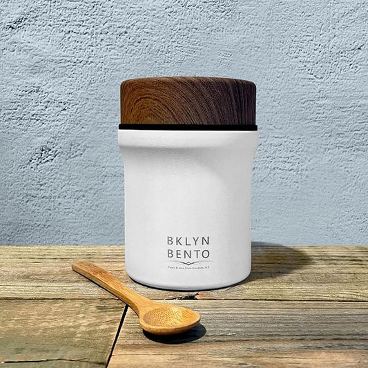 Insulated Food Jar with Bamboo Spoon: Wide Mouth 18/8 Stainless Steel Lunch Container for Hot Soup & Food, Leakproof Vacuum Metal Flask (14oz, Snow Crystal / White)