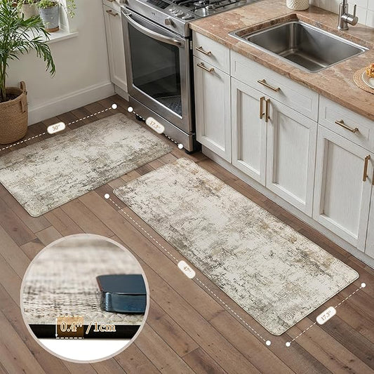 Kitchen Mats for Floor Set of 2 Anti Fatigue Waterproof Kitchen Rug Brown Grey Abstract Cushioned Non-Slip Kitchen Mats Comfort Standing Neutral Mat for Sink Laundry Office 17.3"×47"+17.3"×30"