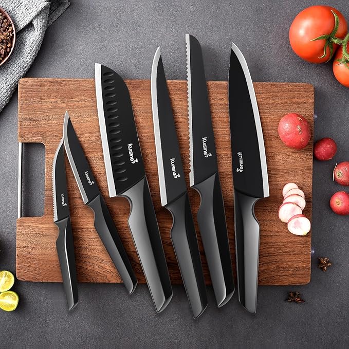 Kuisine Black Knife Set, 15-Piece High Carbon Stainless Steel Ultra Sharp Knife Block Set, Ergonomic Handle with Sharpener for Kitchen(15 PCS Black EX)