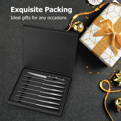 PAUDIN Steak Knives, Steak Knife Set of 8, Razor-Sharp Kitchen Knife Set 4.5 inch, High Carbon Stainless Steel Serrated Steak Set for Kitchen,Black Steak Knives