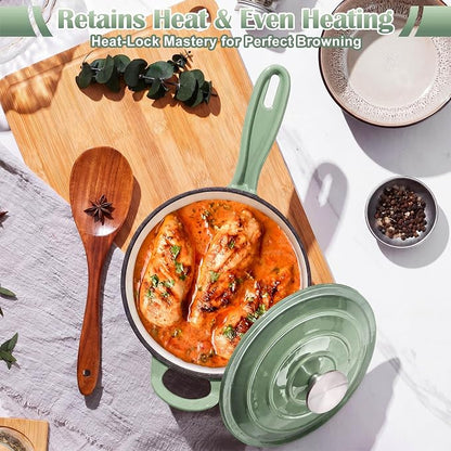 E-far 1Qt & 2Qt Sauce Pan Set, Enameled Cast Iron Saucepans Pot with Self-basting Lids, Heavy Duty Small Dutch Oven for Stove, Induction-Ready & Easy Clean, Pistachio Green