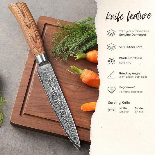 Wakoli EDIB Pro Damascus Carving Knife – Japanese Style Meat Slicer | 6.7-Inch Blade Made of 67-Layer Damascus Steel with VG10 Core | Ergonomic Pakkawood Handle | Professional Carving Tool