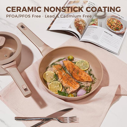 HONGBAKE Pots and Pans Set Nonstick, 26 Pcs All-in-One Kitchen Starter Set with Cookware, Bakeware & Silicone Utensils, Non Toxic Ceramic Coating, Induction & Oven Safe, PFOA PFOS Free, Gold