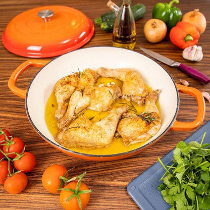 Shallow Cast Iron Casserole with Lid – Non Stick Dutch Oven Pot, Oven Safe up to 500° F – Sturdy Ovenproof Stockpot Cookware – Enamelled Cooking Pot – Orange, 3.7-Quart, 30cm – by Nuovva