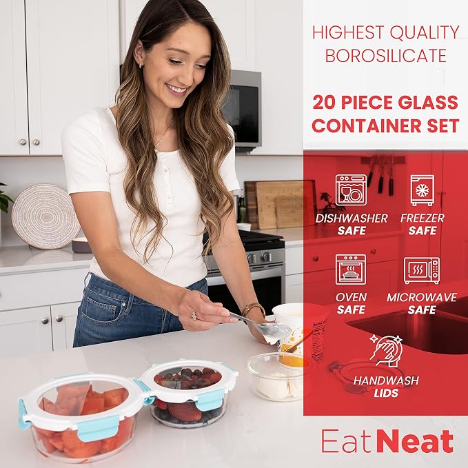 EatNeat Glass Food Storage Containers with Airtight Locking Lids – Durable & Sleek – Oven-to-Table, Microwave, Freezer & Dishwasher Safe – Includes Large, Medium & Small Sizes – Giftable 10-Pack Set