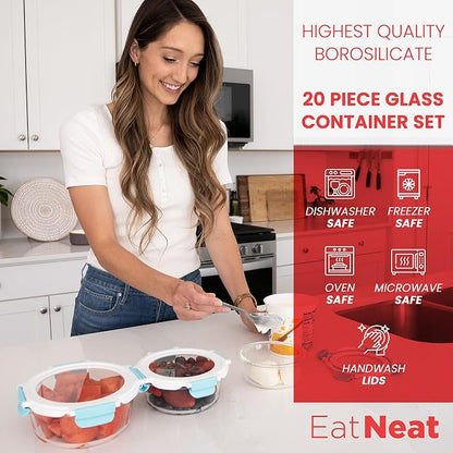 EatNeat Glass Food Storage Containers with Airtight Locking Lids – Durable & Sleek – Oven-to-Table, Microwave, Freezer & Dishwasher Safe – Includes Large, Medium & Small Sizes – Giftable 10-Pack Set