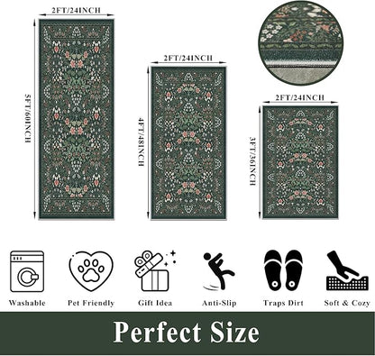 3 Piece Kitchen Rug Set, Washable Non-Slip Kitchen Mats for Hardwood Floor, Boho Farmhouse Kitchen Runner Rug for Sink,Entryway & Hallway & Bathroom (Dark Green, 2x3+2x4+2x5)